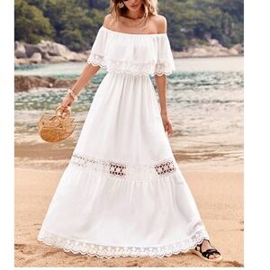 Boho White Lace Off Shoulder Maxi Dress